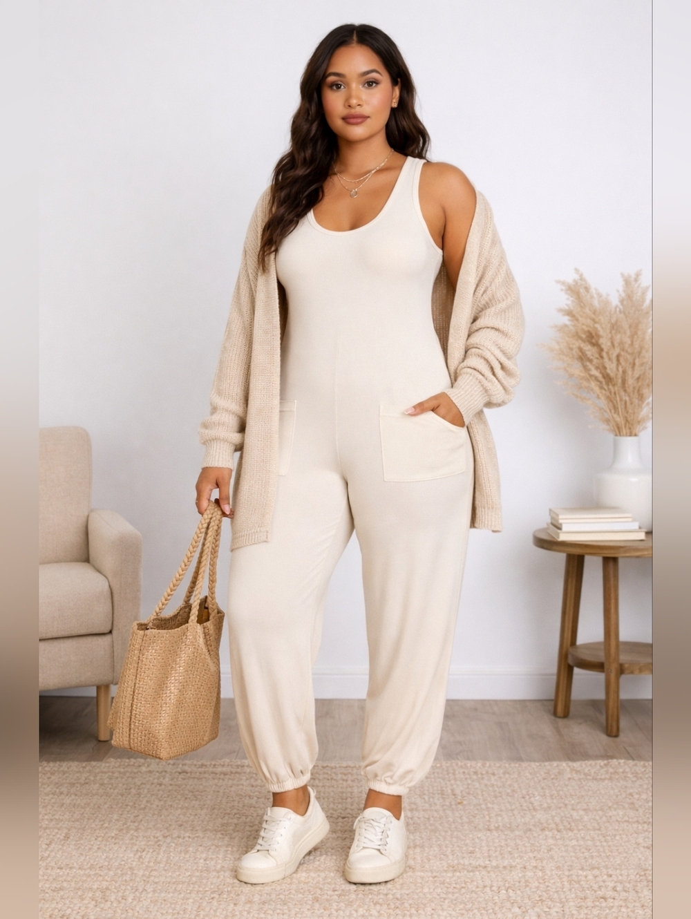Cream French Terry Jumpsuit | Sleeveless Lounge Romper Pockets